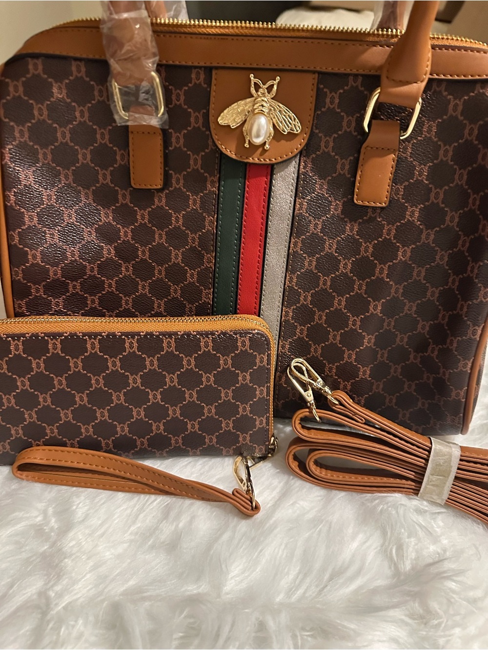 NWT Brown Monogram Bee Boston Satchel & Wallet Set
